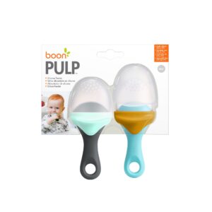 Boon Pulp Silicone Baby Fruit Feeder - Soft Silicone Baby Feeding Set - Fruit and Vegetable Baby Led Weaning Supplies - Baby Feeding Essentials - Blue/Mustard and Gray/Mint - 2 Count