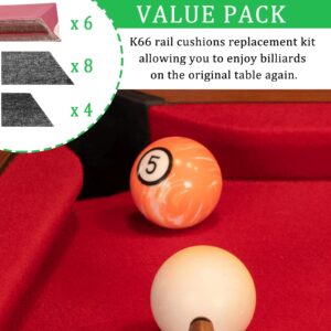 K66 Rubber Bumpers Replacement (Pack of 6) for 8ft Pool Table, Billiard Rail Cushions with 8 Corner Pocket Facings & 4 Side Pocket Facings