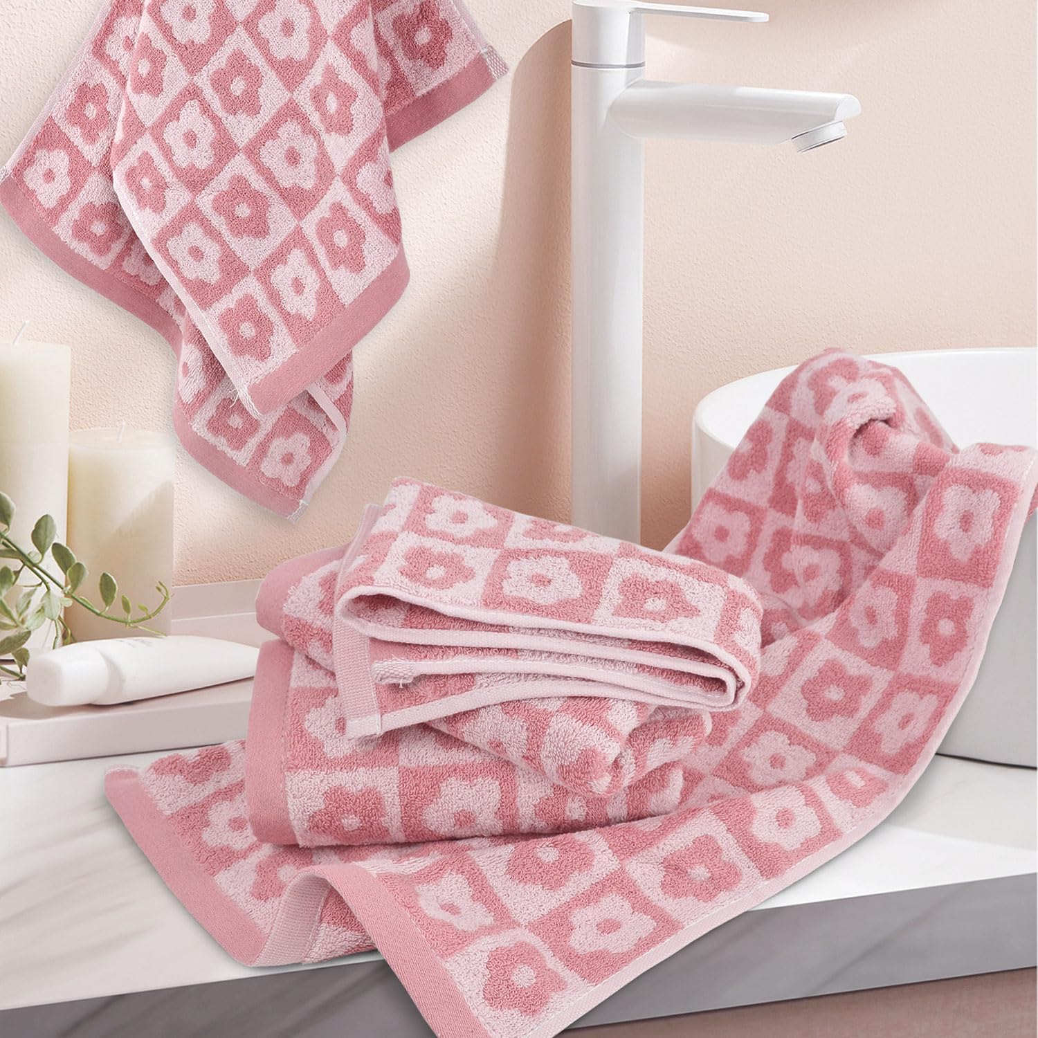 Jacquotha Cotton Hand Towels Pink Checkered Floral - Quick Drying Hand Towel Set of 4, Gifts for Women Her Girls, 29” x 13”