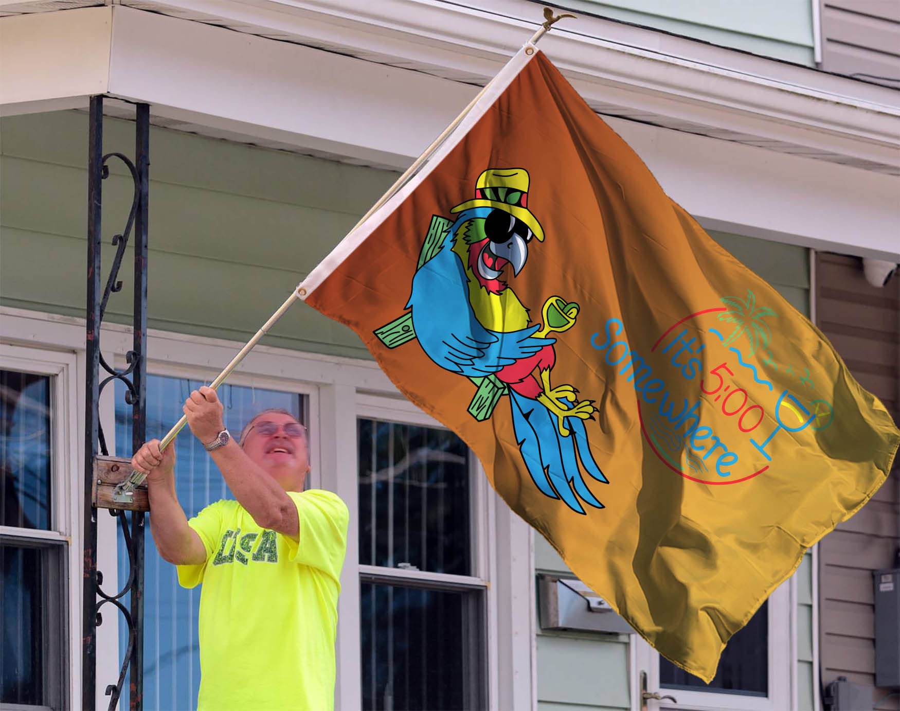 It's 5 O'Clock Somewhere Flag 3x5 Ft Sign Outdoor -Four Rows Stitching Fly End-Tropical Summer Holiday Five O'Clock Somewhere Novelty Party Parrot House Flag