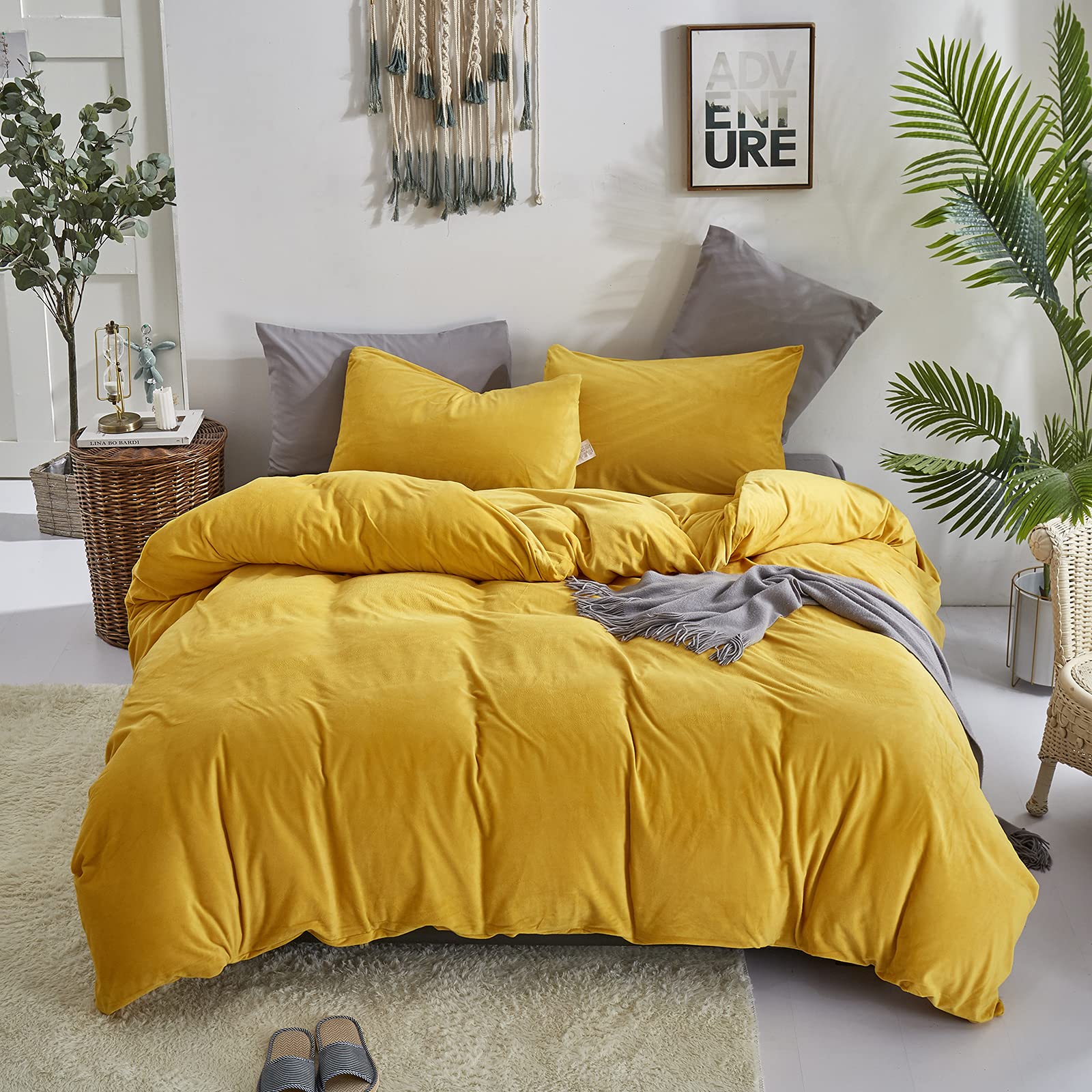 CLOTHKNOW Mustard Yellow Fluffy Comforter Set King 3Pcs Dark Yellow Velvet Bedding Comforter Sets Soft Flannel Comforter Soft Dark Yellow King Comforter Set