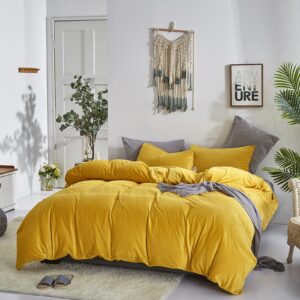 CLOTHKNOW Mustard Yellow Fluffy Comforter Set King 3Pcs Dark Yellow Velvet Bedding Comforter Sets Soft Flannel Comforter Soft Dark Yellow King Comforter Set