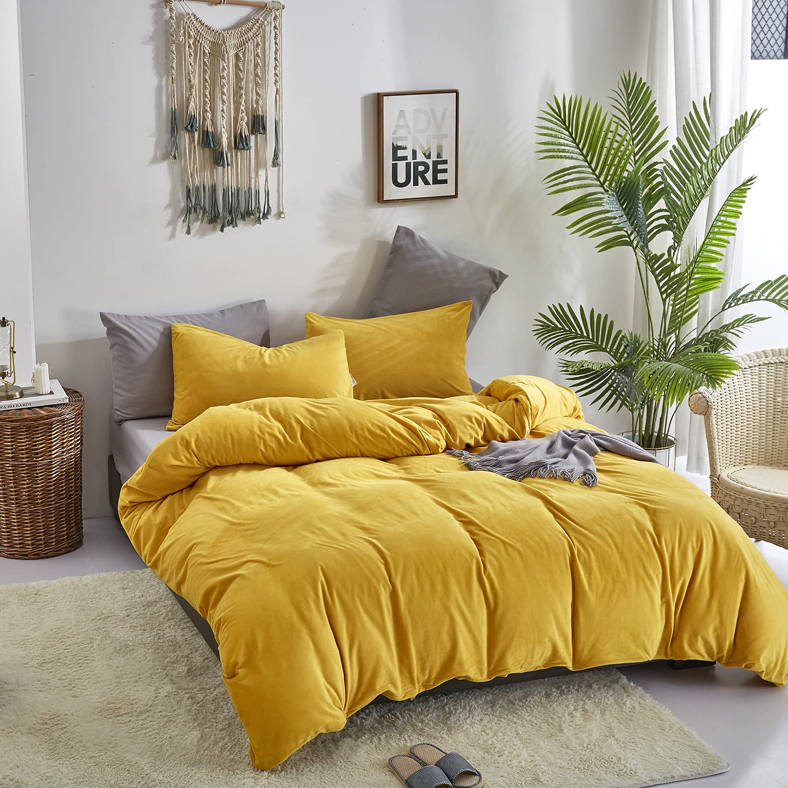 CLOTHKNOW Mustard Yellow Fluffy Comforter Set King 3Pcs Dark Yellow Velvet Bedding Comforter Sets Soft Flannel Comforter Soft Dark Yellow King Comforter Set