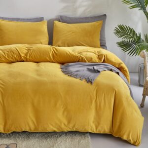 CLOTHKNOW Mustard Yellow Fluffy Comforter Set King 3Pcs Dark Yellow Velvet Bedding Comforter Sets Soft Flannel Comforter Soft Dark Yellow King Comforter Set