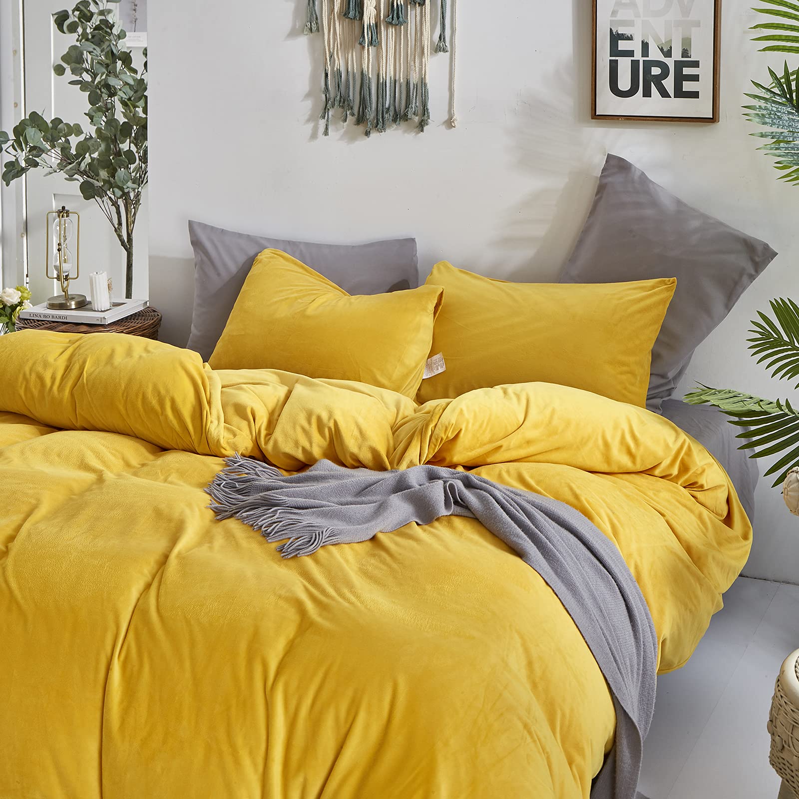 CLOTHKNOW Mustard Yellow Fluffy Comforter Set King 3Pcs Dark Yellow Velvet Bedding Comforter Sets Soft Flannel Comforter Soft Dark Yellow King Comforter Set