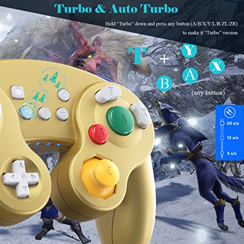 EXLENE Gamecube Controller Switch, Wireless Switch Pro Controller for Nintendo Switch/Lite/PC/Android/iOS/Steam, Support Wake Up, Motion, Adjustable Rumble, Turbo & Auto Turbo (Gold)