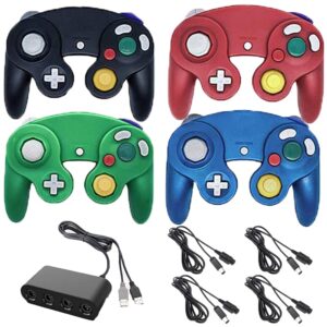 4 controllers for gamecube with 4 extension cables and 4-port usb adapter for switch pc wii u console (black+blue+red+green)
