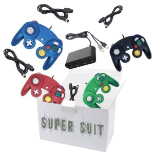 4 Controllers for Gamecube with 4 Extension Cables and 4-Port USB Adapter for Switch PC Wii U Console (Black+Blue+Red+Green)