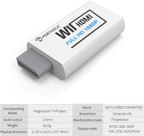 PORTHOLIC Wii to HDMI Converter 1080P for Full HD Device, Wii HDMI Adapter with 3,5mm Audio Jack&HDMI Output Compatible with Wii, Wii U, HDTV, Monitor-Supports All Wii Display Modes 720P, NTS