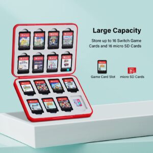 JINGDU Switch Game Case Holder for Switch Game Card, the Slim Switch Game Storage Case with 16 Game Slots and 16 micro SD Card Slots Suitable for Switch, Lite/OLED Games, Red