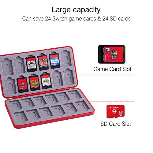 PERFECTSIGHT Cute Game Card Case for Nintendo Switch/ Switch Lite/ OLED, 24 Game Holder Cartridge Case for Game Cards and 24 SD Cards, Kawaii Portable Compact Storage Box (Red Mario, 24 Slots)