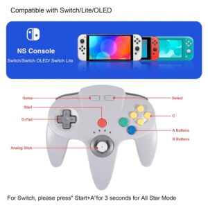 KIWITATA Wireless N64 Controller Compatible with Switch/Lite/OLED, 2.4GHZ N64 Remote Wireless Switch Game Joystick Controller Gamepad for N64 /Switch Console, Raspberry Pi, PC Windows 7,8,10,11 Gray