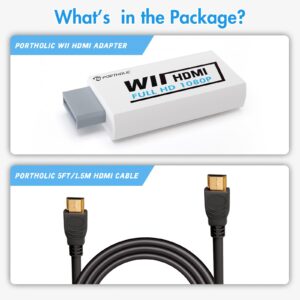 PORTHOLIC Wii to HDMI Converter 1080P with 5FT/1.5M High Speed HDMI Cable Wii2 HDMI Adapter Output Video&Audio with 3.5mm Jack Audio, Support All Wii Display 720P, NTSC, Compatible with HD Device