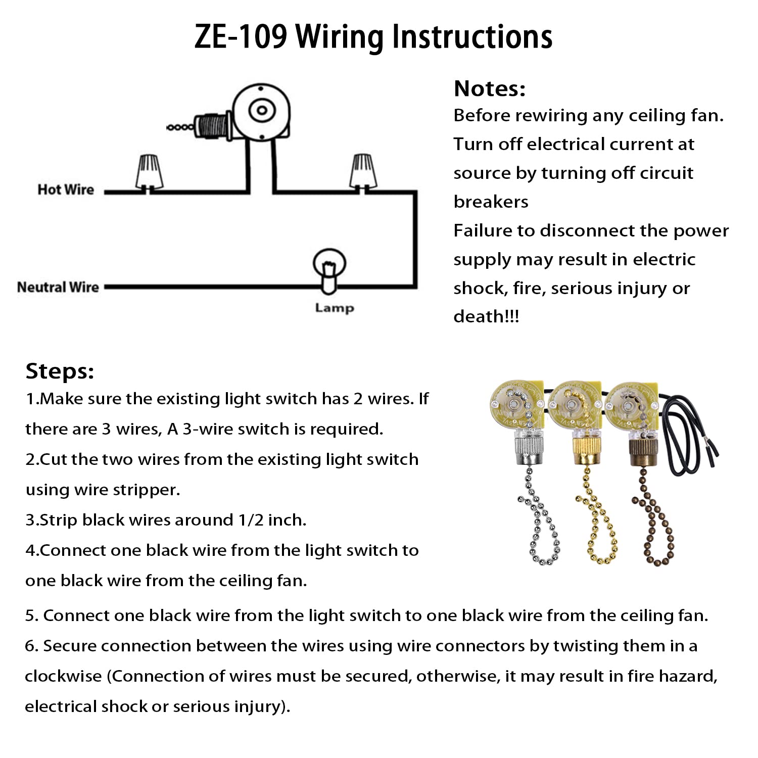 Akahttbn Ceiling Fan Light Switch Zing Ear ZE-109 Two-Wire Light Switch with Pull Cords for Ceiling Light Fans Lamps and Wall Lights Pull Chain Switch Control Replacement On-Off,2 Pcs Bronze