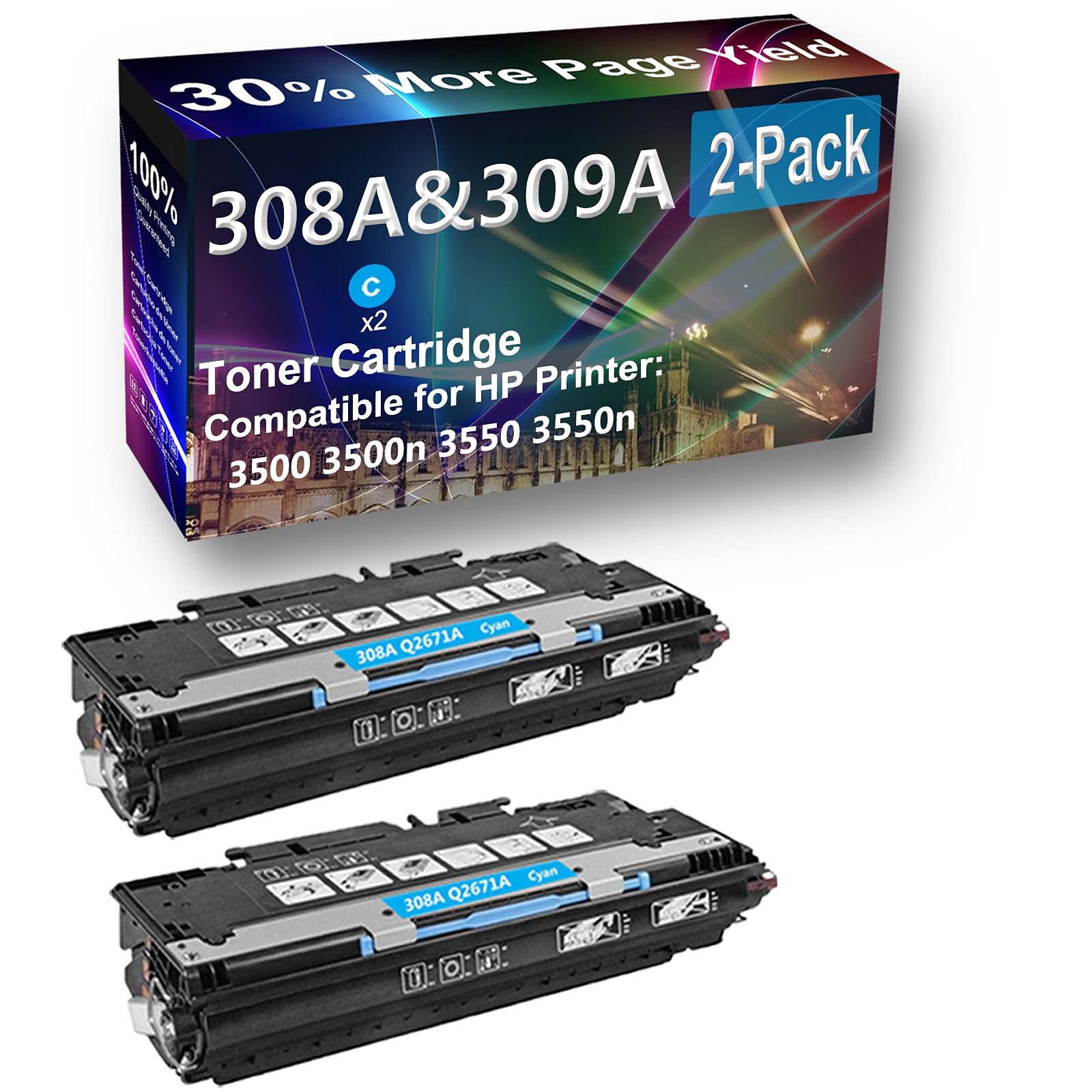 2-Pack (Cyan) Compatible High Capacity 308A (Q2671A) Toner Cartridge use for HP 3500 3500n Printer