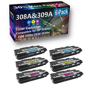 6-Pack (2C+2Y+2M) Compatible High Capacity 308A (Q2671A Q2672A Q2673A) Toner Cartridge use for HP 3500 3500n Printer