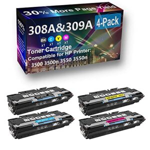 4-pack (bk+c+y+m) compatible 3550 printer toner cartridge high capacity replacement for hp (q2670a q2671a q2672a q2673a) 308a toner cartridge