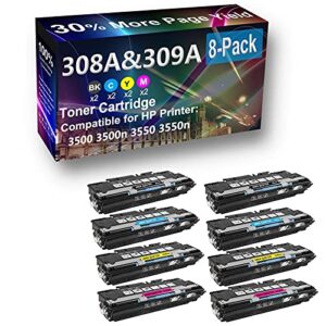 8-pack (2bk+2c+2y+2m) compatible 3550 printer toner cartridge high capacity replacement for hp (q2670a q2671a q2672a q2673a) 308a toner cartridge