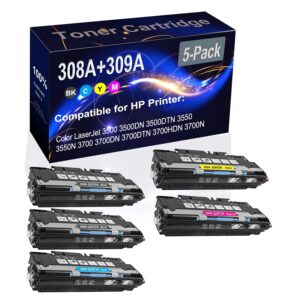 5-pack (2bk+c+y+m) compatible 3700dtn 3500dn 3500dtn 3550n 3700dn laser toner cartridge (high capacity) replacement for hp 308a 309a (q2670a q2671a q2672a q2673a) printer toner cartridge