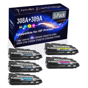 5-Pack (2BK+C+Y+M) Compatible High Yield 308A 309A (Q2670A Q2671A Q2672A Q2673A) Printer Toner Cartridge use for HP 3500 3500DN 3500DTN 3550 3550N 3700 3700DN Printers