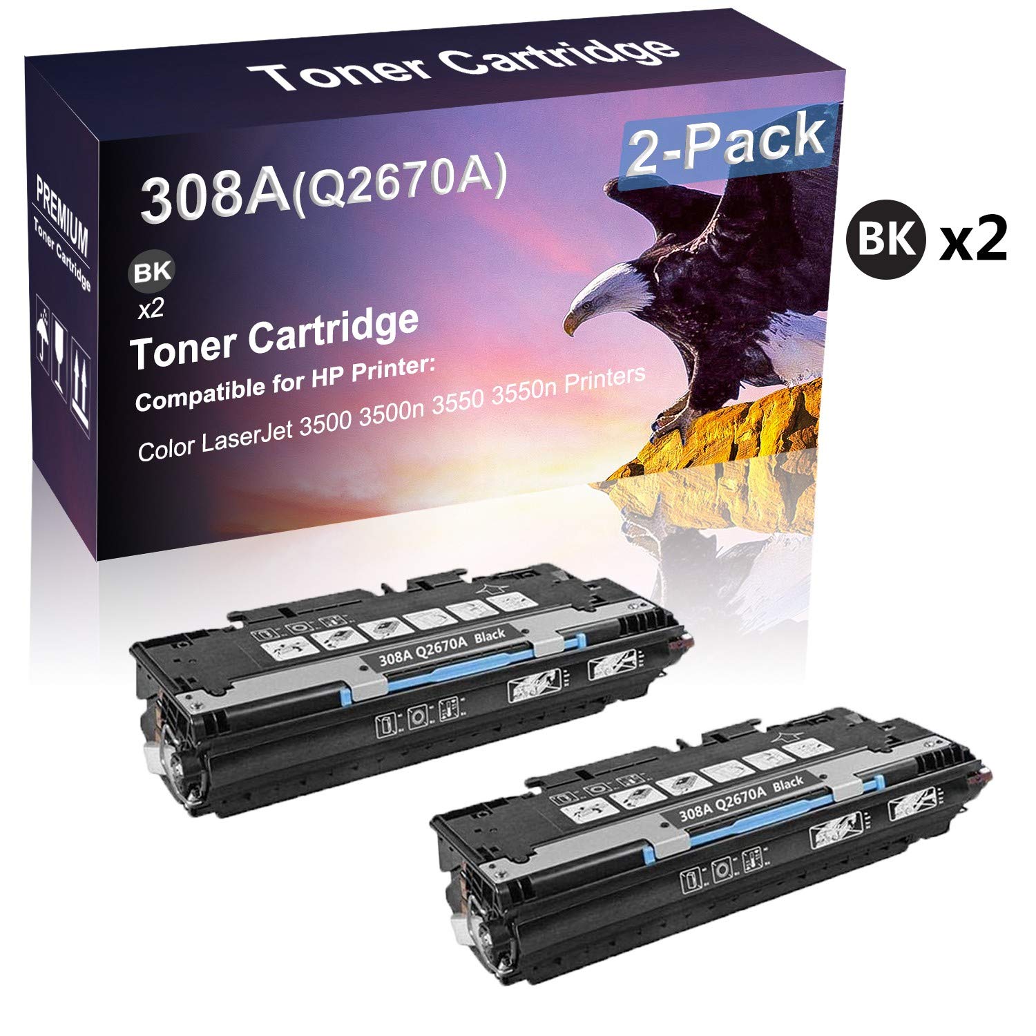 2 Pack (Black) Compatible Laser Printer Toner Cartridge Replacement for HP 308A | Q2670A Printer Cartridge use for HP Color Laserjet 3500 3500n 3550 3550n Printer