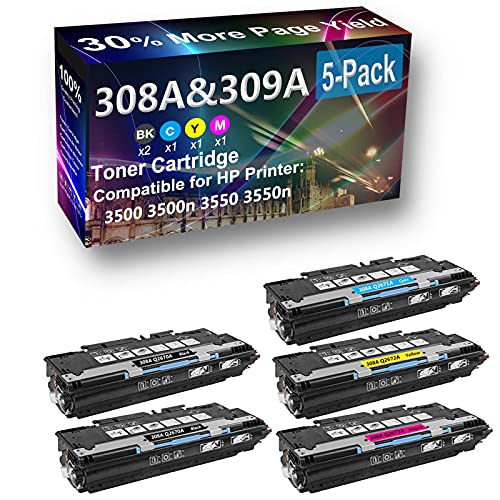 5-Pack (2BK+C+Y+M) Compatible High Capacity 308A (Q2670A Q2671A Q2672A Q2673A) Toner Cartridge use for HP 3500 3500n Printer