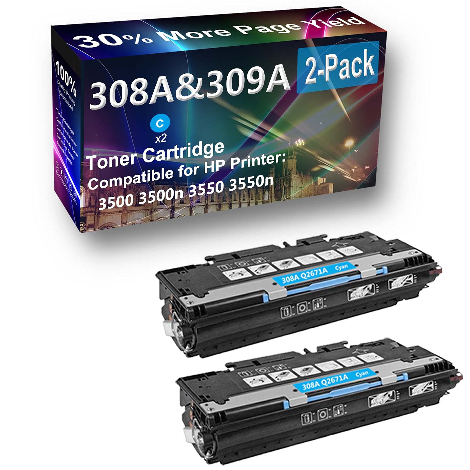 2-Pack (Cyan) Compatible High Yield 308A (Q2671A) Toner Cartridge use for HP 3550n Printer