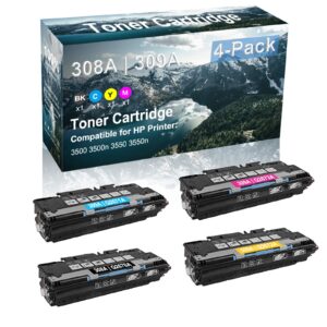 4-Pack (BK+C+Y+M) Compatible High Yield 308A 309A | Q2670A Q2671A Q2672A Q2673A Laser Printer Toner Cartridge use for HP 3500 3500n 3550 3550n Printer