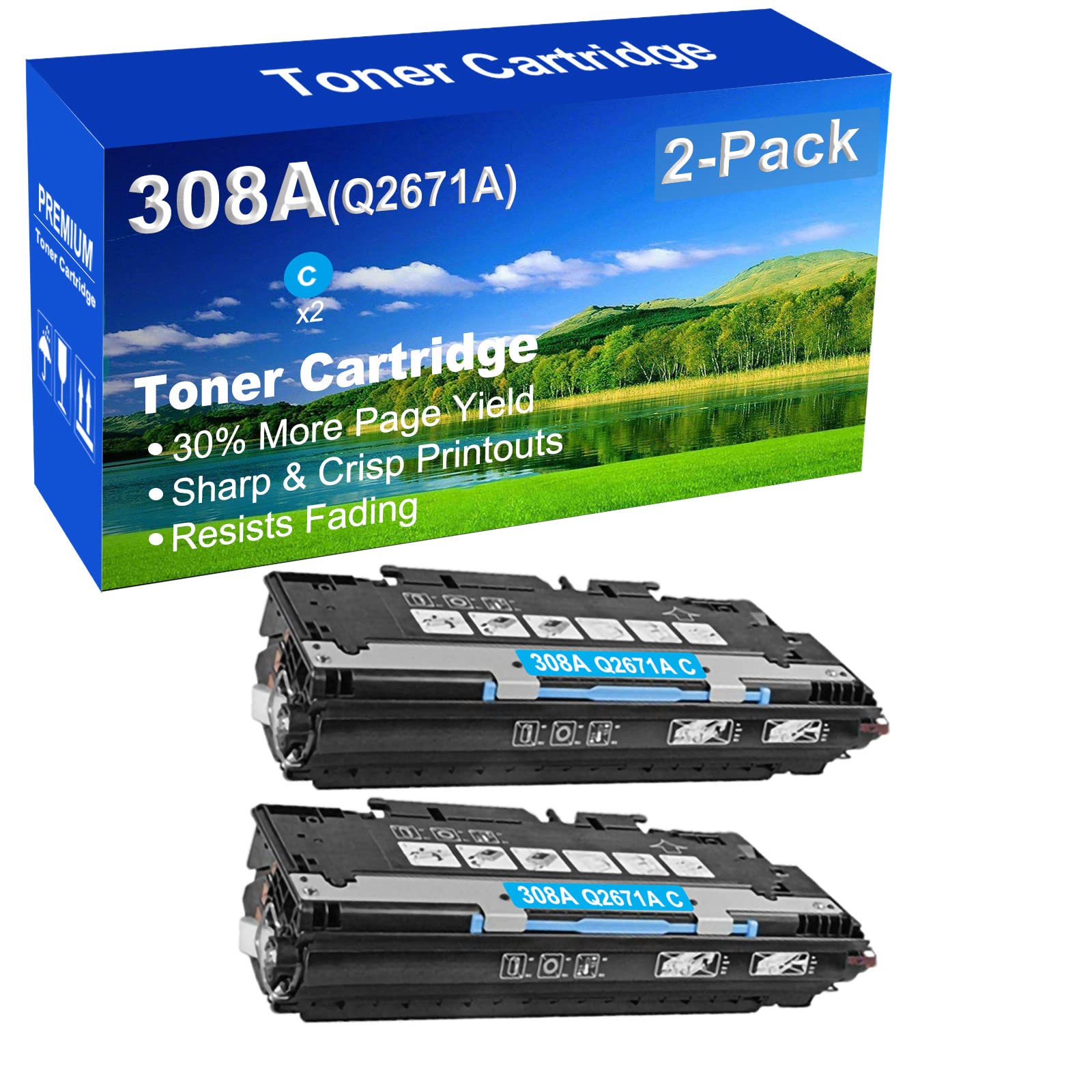 2-Pack (Cyan) Compatible 3500 3500n 3550 3550n Printer Toner Cartridge High Capacity Replacement for HP (Q2671A) 308A 309A Toner Cartridge