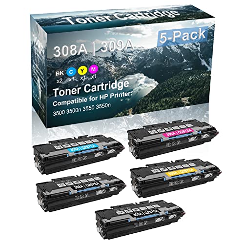 5-Pack (2BK+C+Y+M) Compatible High Yield 308A 309A | Q2670A Q2671A Q2672A Q2673A Laser Printer Toner Cartridge use for HP 3500 3500n 3550 3550n Printer