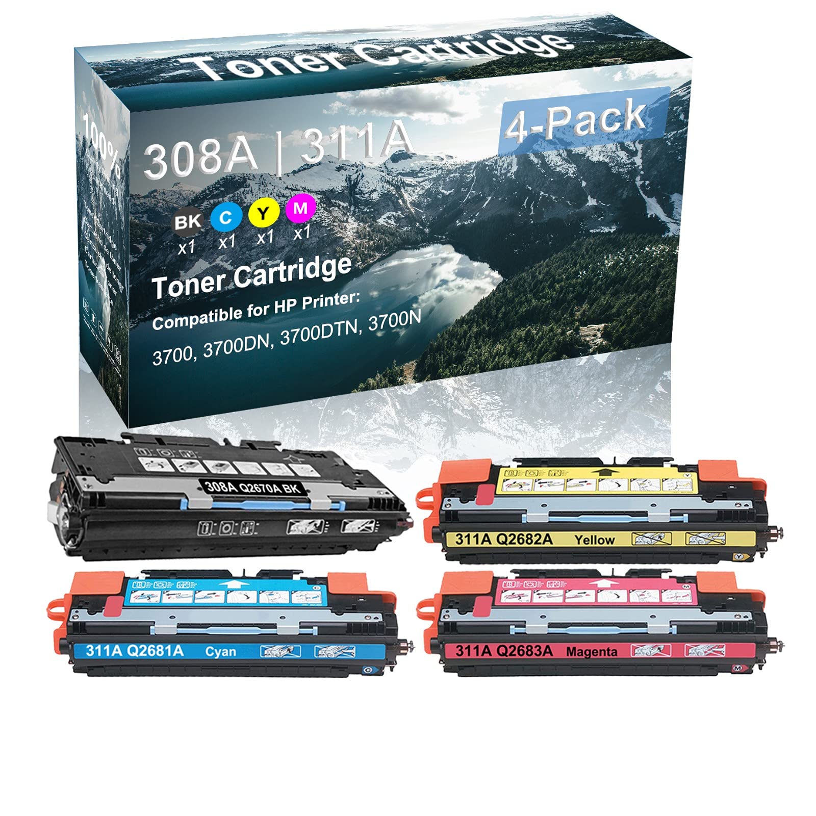 4-Pack (BK+C+Y+M) Compatible High Yield 308A 311A | Q2670A Q2681A Q2682A Q2683A Laser Printer Toner Cartridge use for HP 2500L 2500N Printer