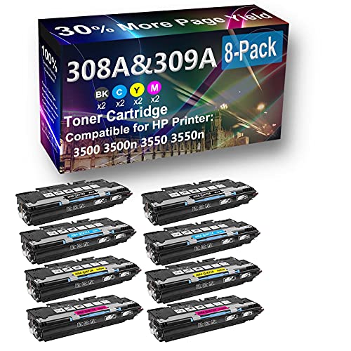 8-Pack (2BK+2C+2Y+2M) Compatible High Yield 308A (Q2670A Q2671A Q2672A Q2673A) Toner Cartridge use for HP 3550n Printer