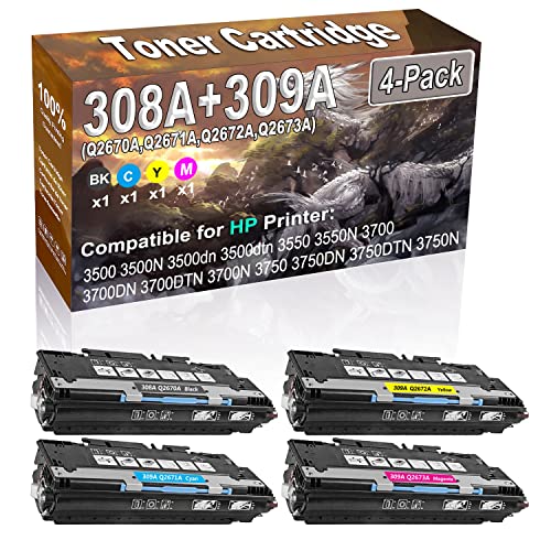 4-Pack (BK/C/Y/M) Compatible 3500 3500N 3500dn 3500dtn 3550 Color Toner Cartridge (High Capacity) Replacement for HP 308A 309A (Q2670A Q2671A Q2672A Q2673A) Printer Toner Cartridge