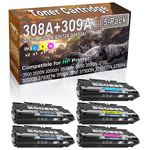 5-Pack (2BK/C/Y/M) Compatible High Yield 308A 309A (Q2670A Q2671A Q2672A Q2673A) Printer Toner Cartridge use for HP 3500 3500N 3500dn 3500dtn 3550 3550N 3700 3700DN 3700DTN Printers