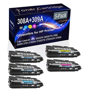 5-pack (2bk+c+y+m) compatible 3700dtn 3500dn 3500dtn 3550n 3700dn laser printer toner cartridge (high capacity) replacement for hp 308a 309a (q2670a q2671a q2672a q2673a) printer toner cartridge