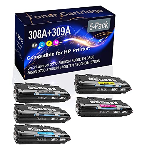 5-Pack (2BK+C+Y+M) Compatible 3700DTN 3500DN 3500DTN 3550N 3700DN Laser Printer Toner Cartridge (High Capacity) Replacement for HP 308A 309A (Q2670A Q2671A Q2672A Q2673A) Printer Toner Cartridge