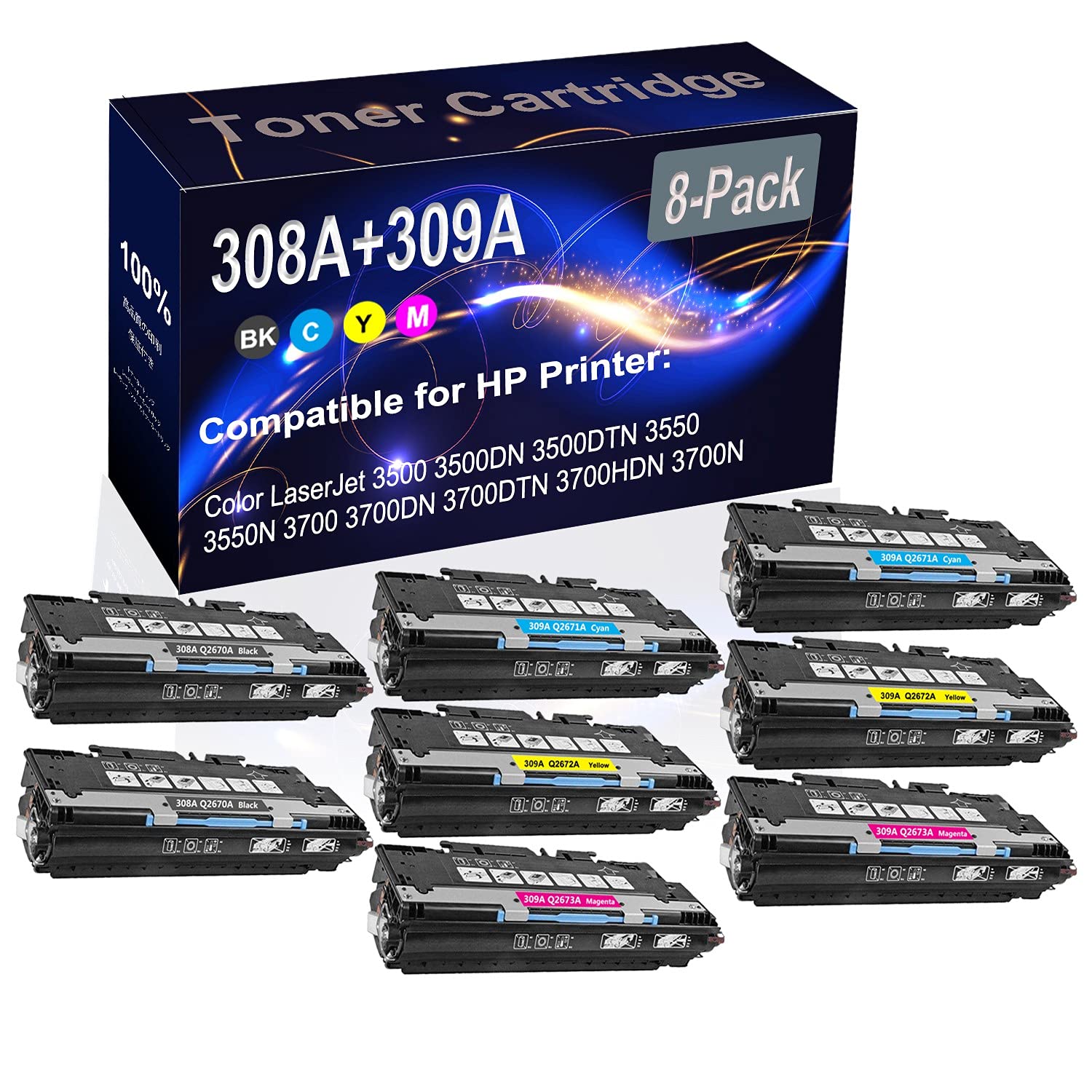 8-Pack (2BK+2C+2Y+2M) Compatible High Yield 308A 309A (Q2670A Q2671A Q2672A Q2673A) Printer Toner Cartridge use for HP 3500 3500DN 3500DTN 3550 3550N 3700 3700DN Printers