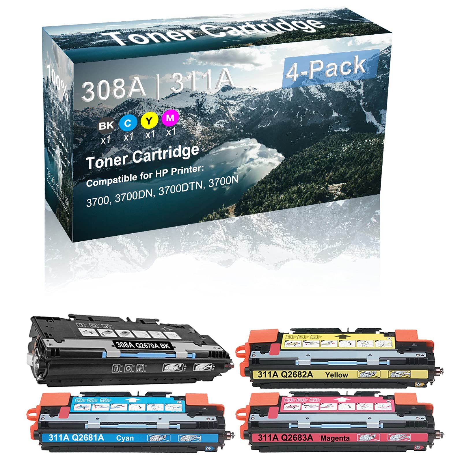 4-Pack (BK+C+Y+M) Compatible High Capacity 308A 311A | Q2670A Q2681A Q2682A Q2683A Toner Cartridge use for HP 3700 3700DN 3700DTN 3700N Printer