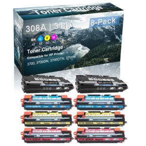 8-pack (2bk+2c+2y+2m) compatible 3700 3700dn 3700dtn 3700n printer toner cartridge high capacity replacement for hp 308a 311a | q2670a q2681a q2682a q2683a toner cartridge