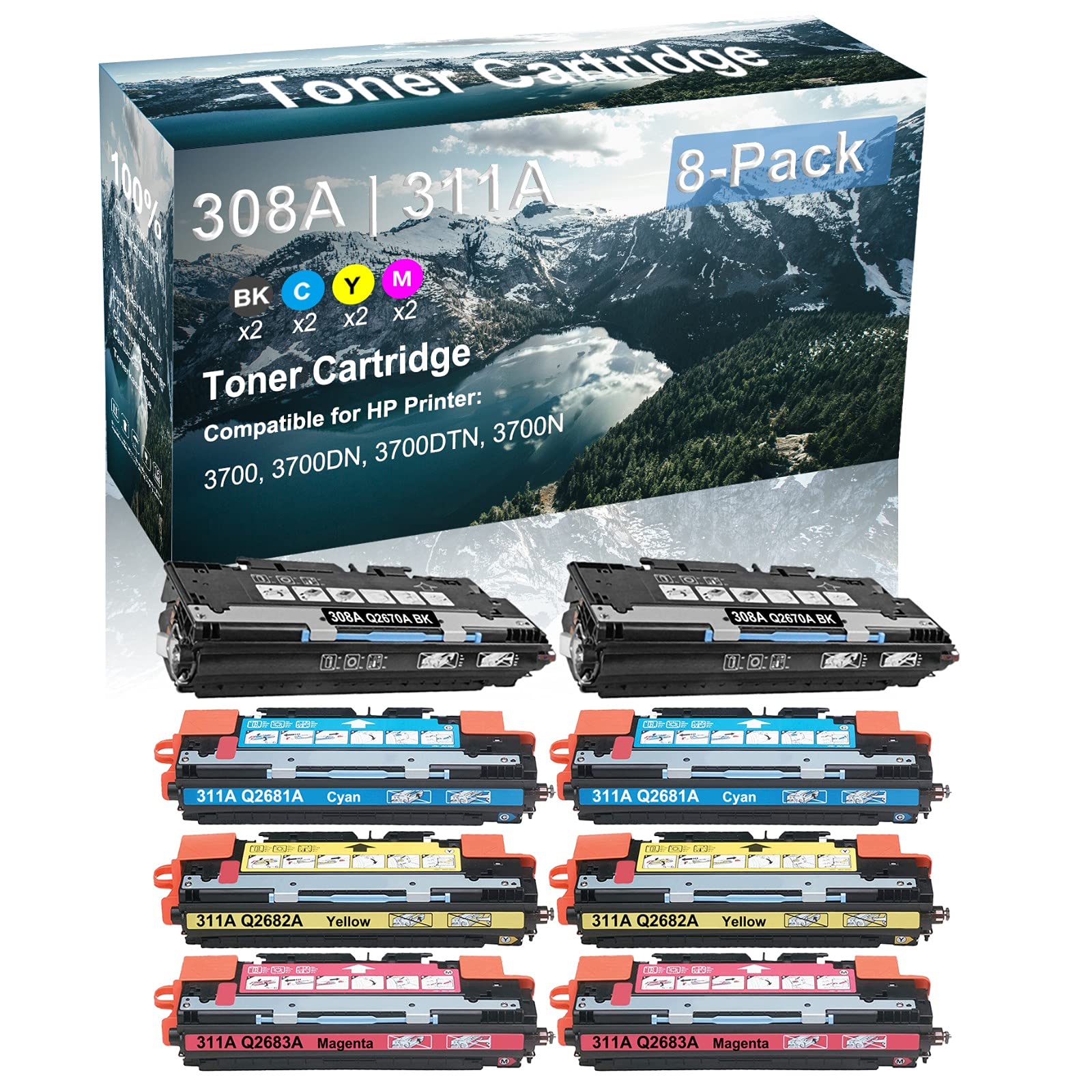 8-Pack (2BK+2C+2Y+2M) Compatible 3700 3700DN 3700DTN 3700N Printer Toner Cartridge High Capacity Replacement for HP 308A 311A | Q2670A Q2681A Q2682A Q2683A Toner Cartridge