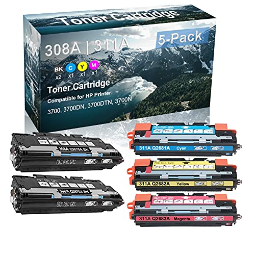 5-Pack (2BK+C+Y+M) Compatible High Yield 308A 311A | Q2670A Q2681A Q2682A Q2683A Laser Printer Toner Cartridge use for HP 2500L 2500N Printer