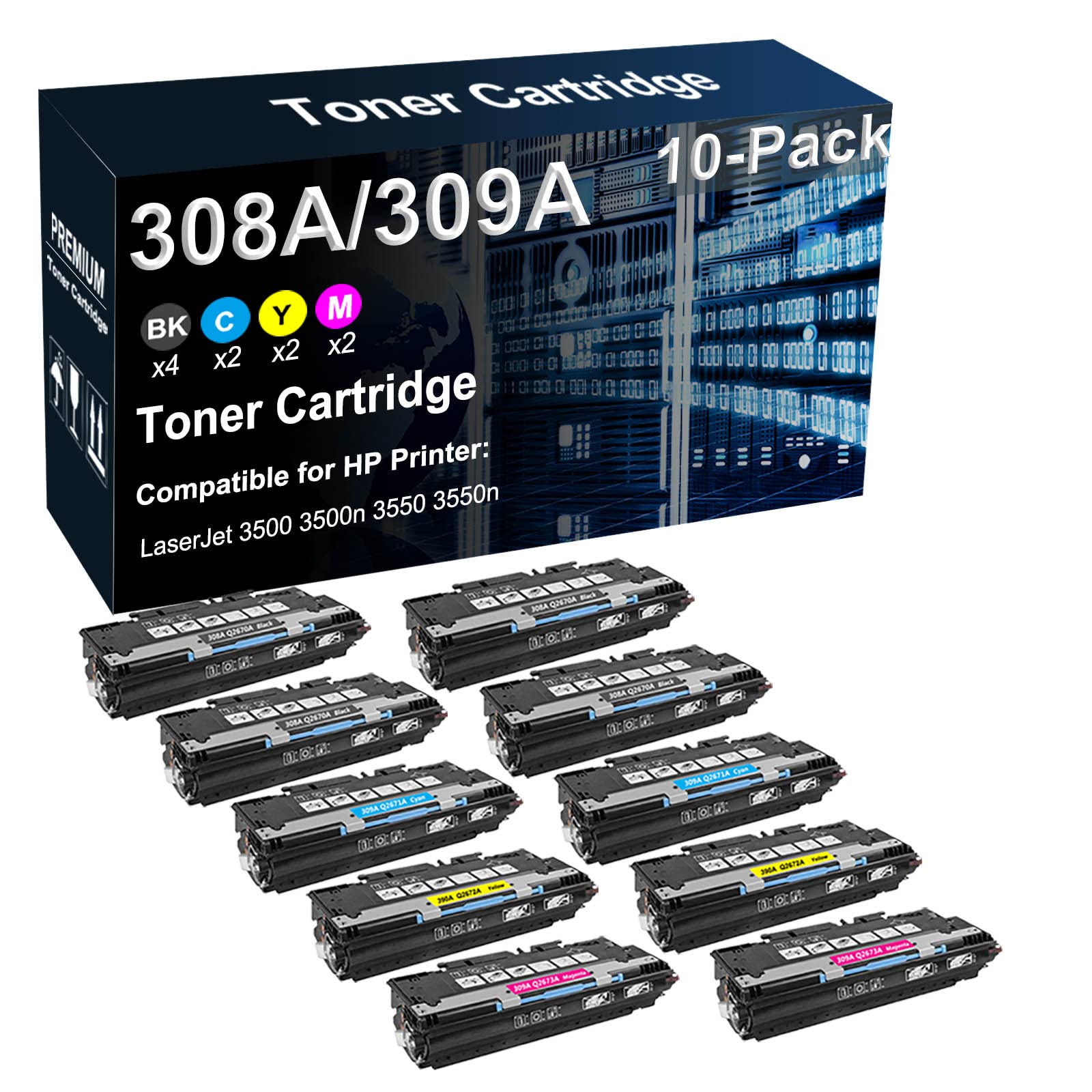 10-Pack (4BK+2C+2Y+2M) Compatible High Yield 308A 309A (Q2670A Q2671A Q2672A Q2673A) Toner Cartridge Used for HP 3500 3500n 3550 3550n Printer