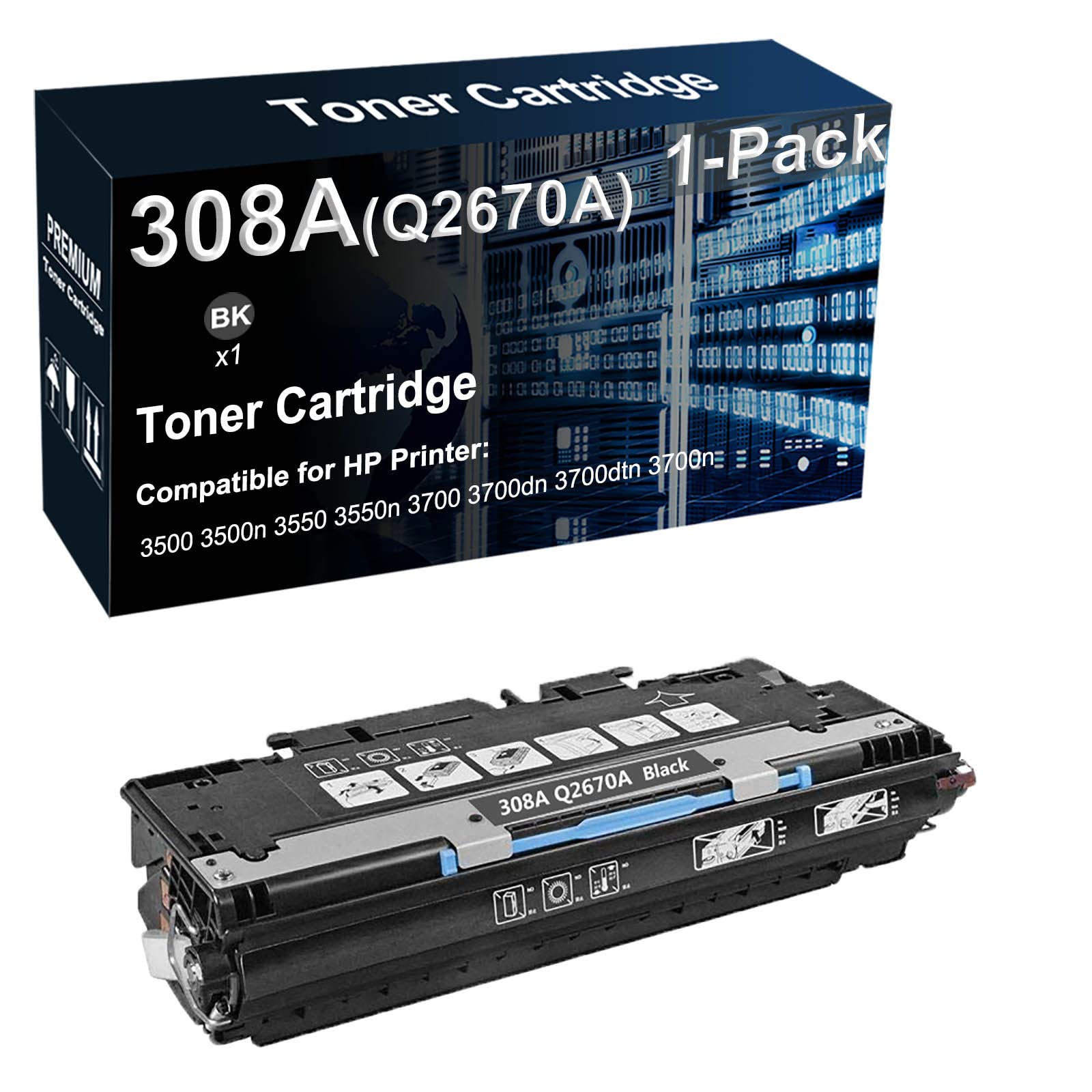 1-Pack Compatible 308A Q2670A Laser Printer Toner Cartridge (Black) Used for HP 3500 3500n 3550 3550n 3700 3700dn 3700dtn 3700n Printer (High Yield)