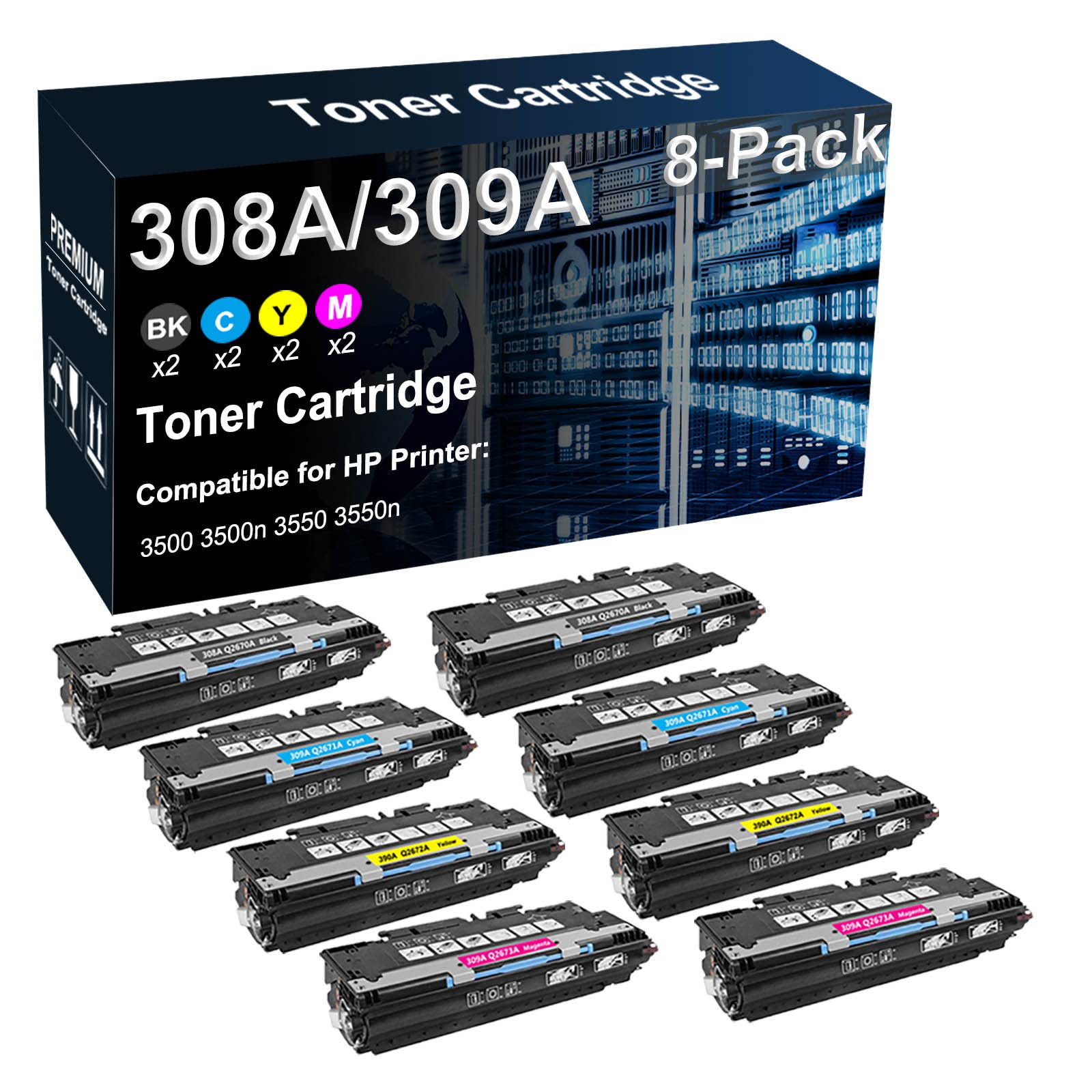 8-Pack (2BK+2C+2Y+2M) Compatible 3500 3500n 3550 3550n Printer Cartridge Replacement for HP (Q2670A Q2671A Q2672A Q2673A) 308A 309A Toner Cartridge (High Yield)