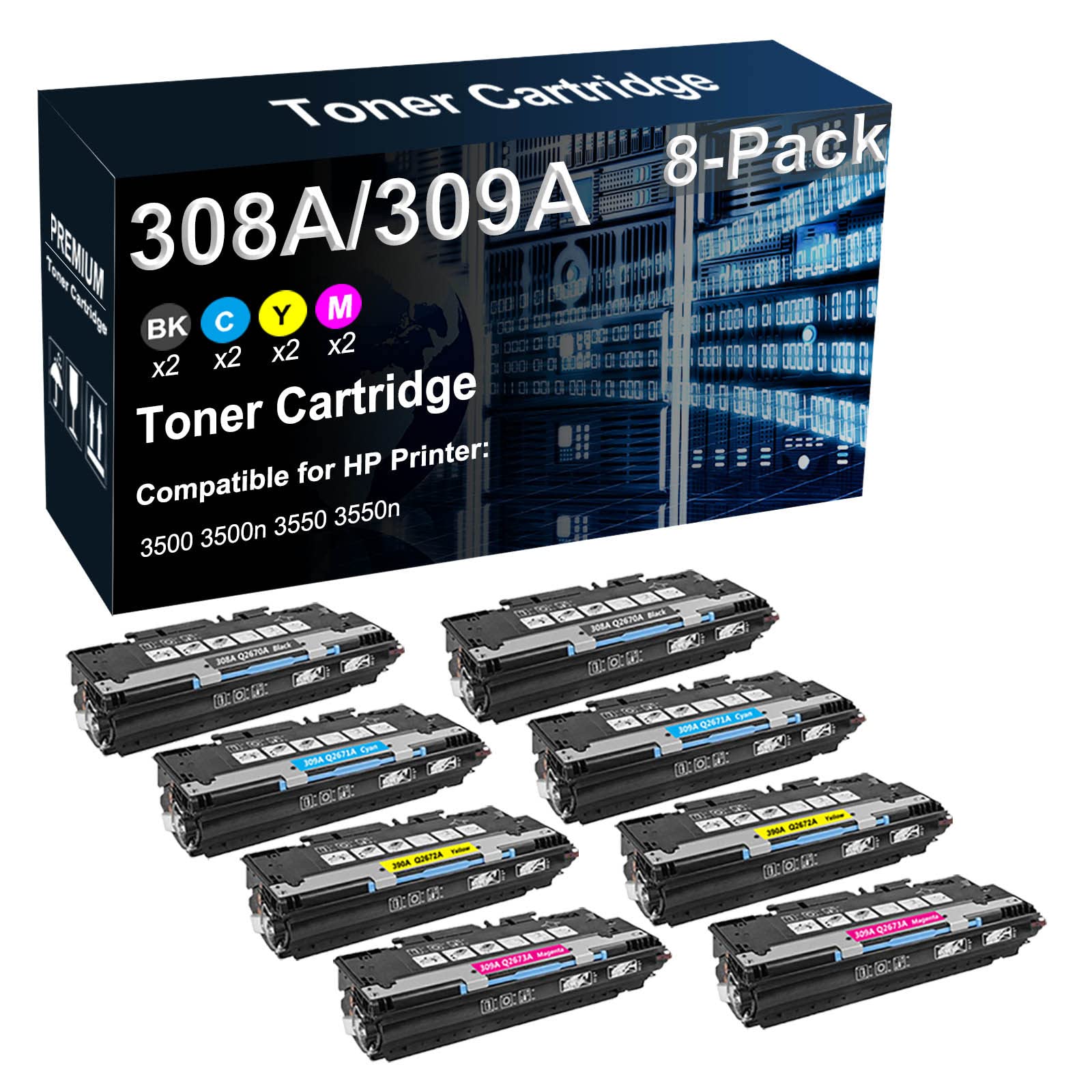 8-Pack (2BK+2C+2Y+2M) Compatible 308A 309A (Q2670A Q2671A Q2672A Q2673A) Laser Printer Cartridge Used for HP 3500 3500n 3550 3550n Printer (High Yield)