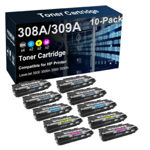 10-pack (4bk+2c+2y+2m) compatible 3500 3500n 3550 3550n printer cartridge replacement for hp (q2670a q2671a q2672a q2673a) 308a 309a toner cartridge (high yield)