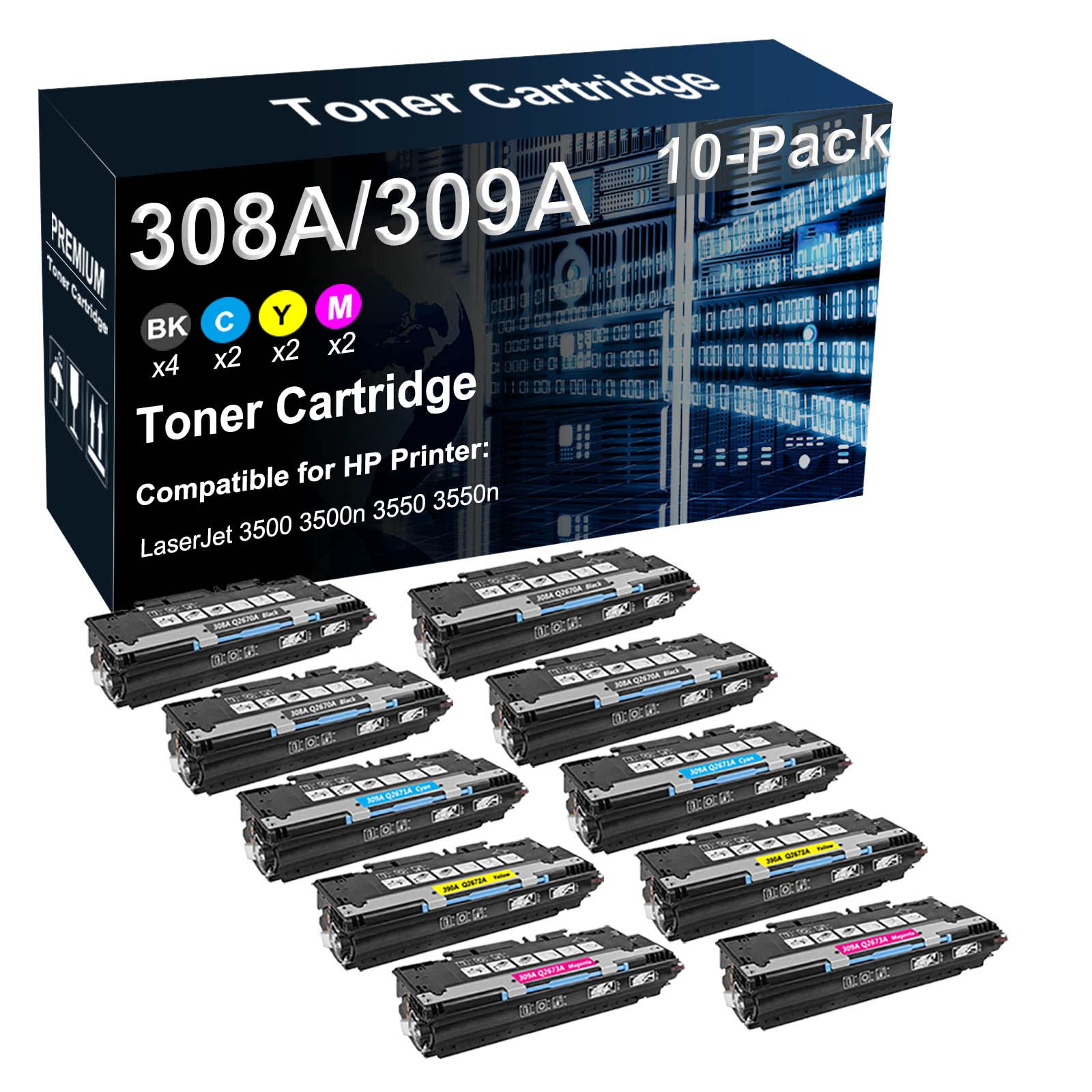 10-Pack (4BK+2C+2Y+2M) Compatible 3500 3500n 3550 3550n Printer Cartridge Replacement for HP (Q2670A Q2671A Q2672A Q2673A) 308A 309A Toner Cartridge (High Yield)