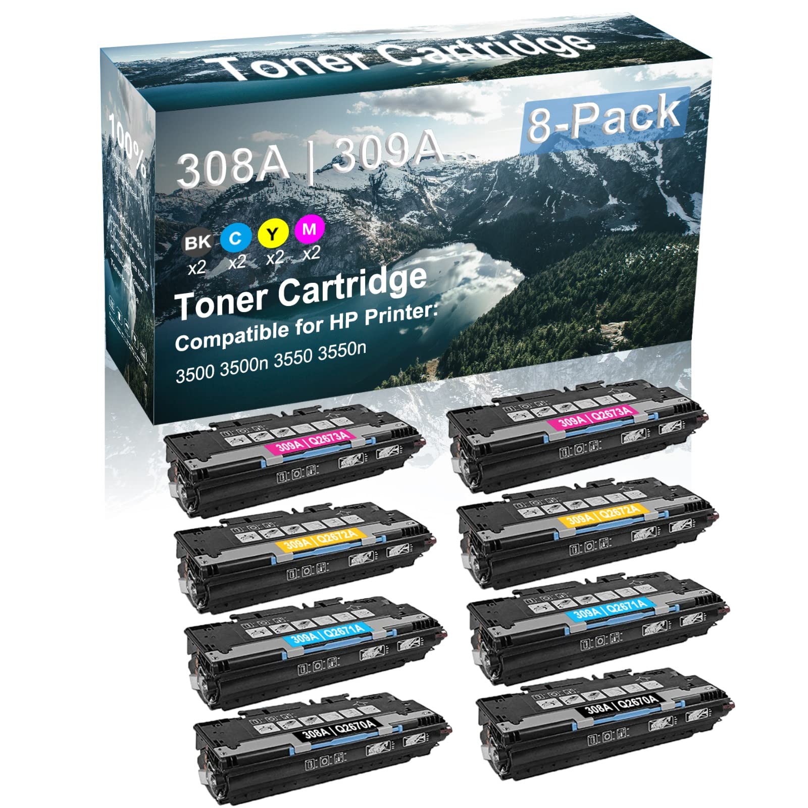 8-Pack (2BK+2C+2Y+2M) Compatible 3500 3500n 3550 3550n Printer Toner Cartridge High Capacity Replacement for HP 308A 309A | Q2670A Q2671A Q2672A Q2673A Toner Cartridge