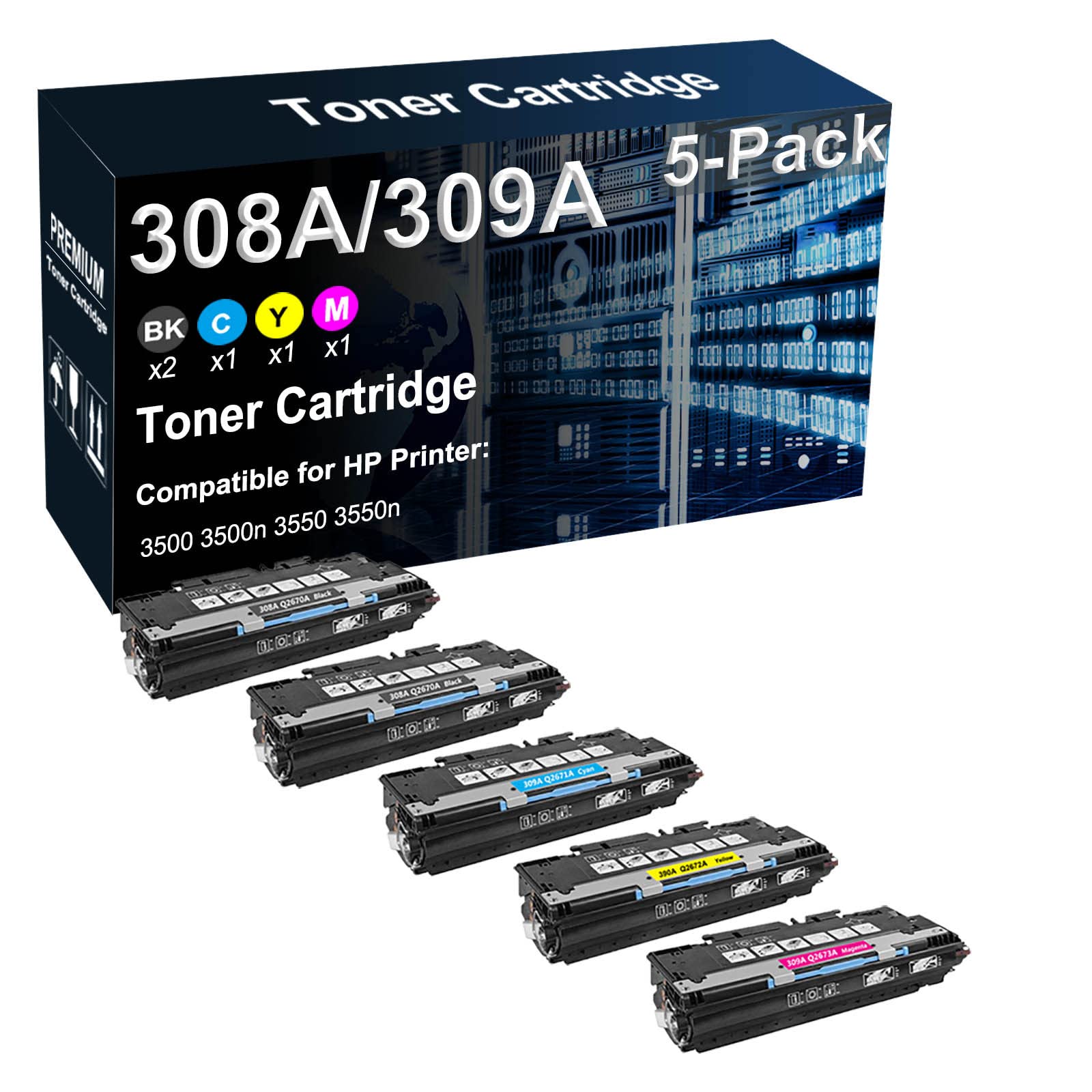 5-Pack (2BK+C+Y+M) Compatible High Capacity 308A 309A (Q2670A Q2671A Q2672A Q2673A) Laser Printer Cartridge Used for HP 3500 3500n 3550 3550n Printer