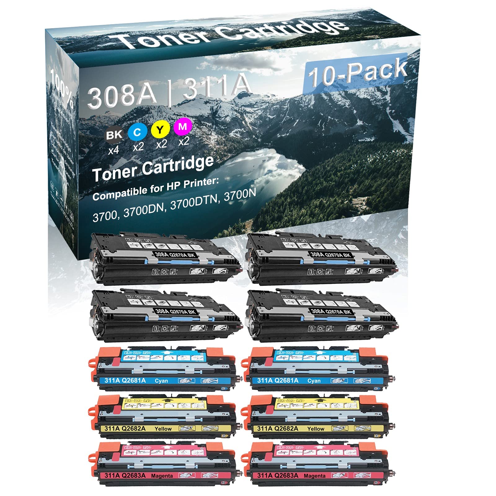 10-Pack (4BK+2C+2Y+2M) Compatible High Yield 308A 311A | Q2670A Q2681A Q2682A Q2683A Laser Printer Toner Cartridge use for HP 2500L 2500N Printer